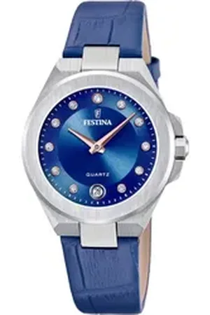 Festina Quarzuhr Mademoiselle F20701/4, Armbanduhr, Damenuhr, Lederarmband, analog, Tag, Zirkonia (synth) blau