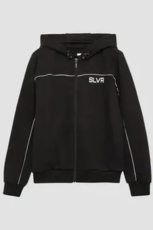 QS by s.Oliver Sweatjacke Sweatshirtjacke mit dekorativen Reflektor-Details angedeuteter Tunnelzug schwarz 158/164
