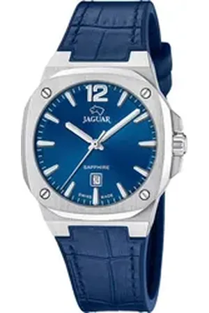 Jaguar Quarzuhr Rondcarre J1032/4, Armbanduhr, Damenuhr, Swiss Made, Lederarmband, analog, Tag,Saphirglas blau