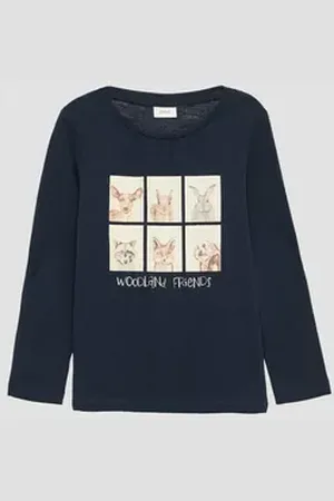 QS by s.Oliver Langarmshirt Longsleeve mit Frontprint und Raffung Raffung blau 104/110