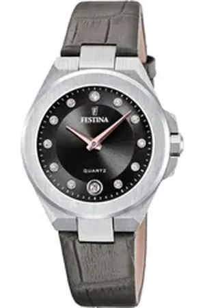 Festina Quarzuhr Mademoiselle F20701/5, Armbanduhr, Damenuhr, Lederarmband, analog, Tag, Zirkonia (synth) grau