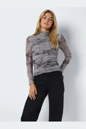 Noisy May Shirttop Top Langarm Stretch Allover-Print Rundhals NMIGGY L/S RUCHING TOP JRS FWD grau XS