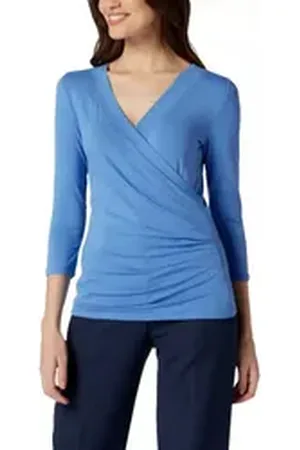 Ralph Lauren Lauren Blusentop Bluse im Wickel-Look Shirt Slim Fit Bluse, glattes Gewebe, V-Ausschnitt, 3/4-Ärmel blau L