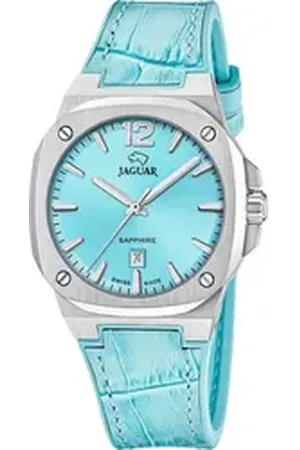 Jaguar Quarzuhr Rondcarre J1032/2, Armbanduhr, Damenuhr, Swiss Made, Lederarmband, analog, Tag,Saphirglas blau