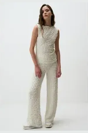 Jimmy Key Strickhose Strukturiert Weites Bein Gestrickt Hose beige M
