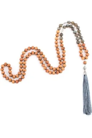 BODHI Perlenarmband Mala Labradorit, Bergkristall & Holzperlen, Sandelholzduft, 108 Perlen