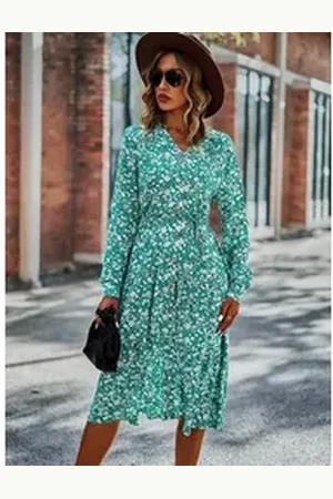 DEBAIJIA Dirndl Langärmeliges Kleid Damen V-Ausschnitt Blumenmuster Freizeit Urlaub grün M