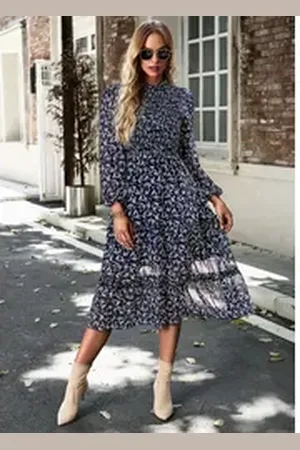 DEBAIJIA Dirndl Langärmeliges Kleid Damen Blumenmuster Rundhalsausschnitt Freizeit blau XL