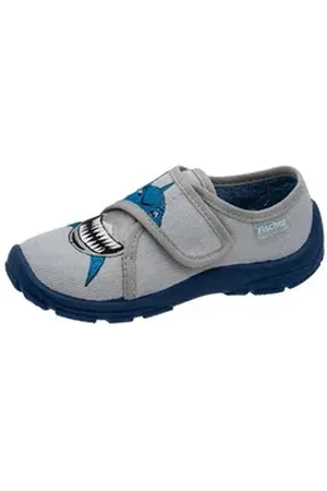 Fischer Markenschuh Danny Hausschuh aus Baumwollstoff, mit Frotteefutter, gepolstertes Fußbett, Hai blau|grau 32