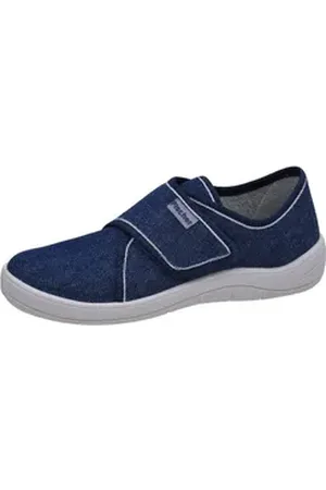 Fischer Markenschuh Tim Hausschuh aus Jeansstoff, mit Baumwoll-Frotteefutter, gepolstertes Fußbett blau 33 EU