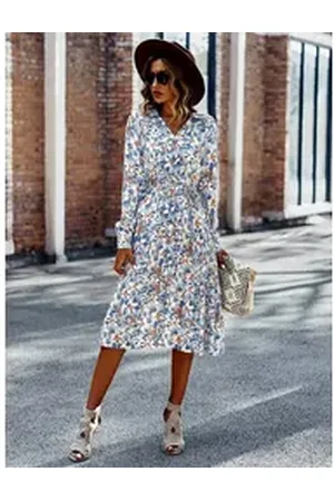 DEBAIJIA Dirndl Langärmeliges Kleid Damen V-Ausschnitt Blumenmuster Freizeit Urlaub blau M