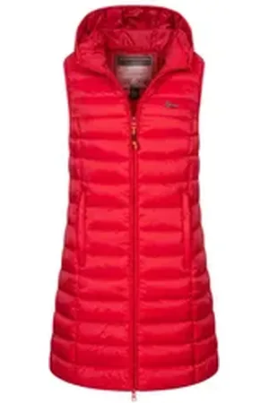Geographical Norway Steppweste Damen Stepp weste Kapuze Übergangs Herbst Frühling Windbreaker Lang rot XL (42)