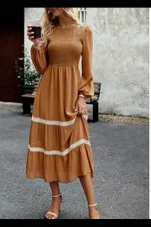 DEBAIJIA Dirndl Langärmeliges Kleider Damen Rundhalsausschnitt Freizeit Elegantes braun XL