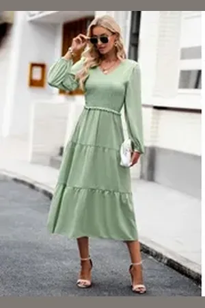 DEBAIJIA Dirndl Langärmeliges Kleid Damen Einfarbig V-Ausschnitt Elegant Freizeit grün S