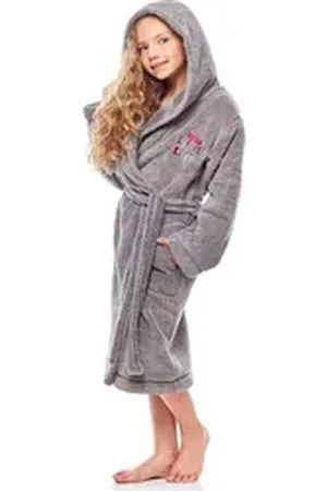 L -  L Bademantel Mädchen & Jugend Bademantel mit Kapuze LL0016, 3/4, Polyester, Kapuze grau 122-128