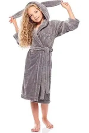 L -  L Bademantel Mädchen & Jugend Bademantel mit Kapuze LL0016, 3/4, Polyester, Kapuze grau 110-116
