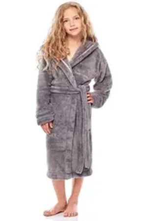 L -  L Bademantel Mädchen & Jugend Bademantel mit Kapuze LL0016, 3/4, Polyester, Kapuze grau 122-128