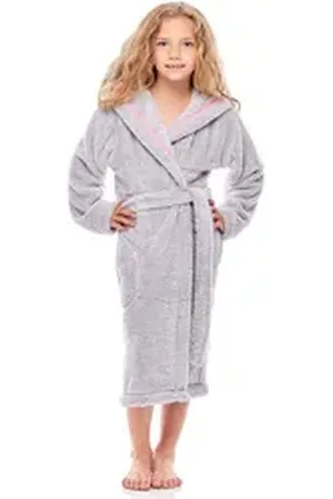 L -  L Bademantel Mädchen & Jugend Bademantel mit Kapuze LL0016, 3/4, Polyester, Kapuze grau 122-128