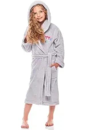L -  L Bademantel Mädchen & Jugend Bademantel mit Kapuze LL0016, 3/4, Polyester, Kapuze grau 110-116