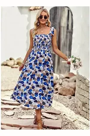 DEBAIJIA Dirndl Sommerkleid Damen Frauen Bedruckter Ärmellos Kleid Lässiger Elegant blau M