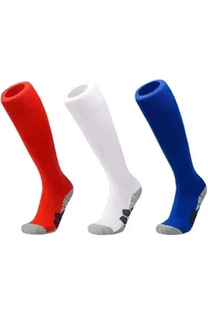 DEBAIJIA Fußball Stutzenstrümpfe Unisex Fußballsocken Sportsocken Knie Lang Atmungsaktiv blau|rot L(EU 40-43)