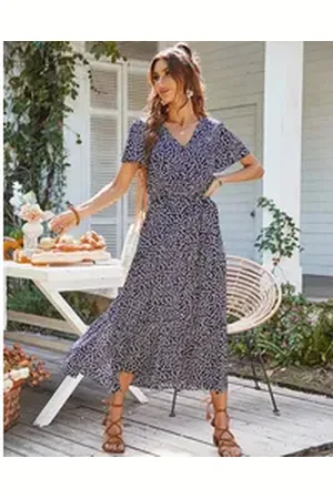 DEBAIJIA Dirndl Sommerkleid Damen V-Ausschnitt Kleid Frauen Bedruckter Lässiger blau XL