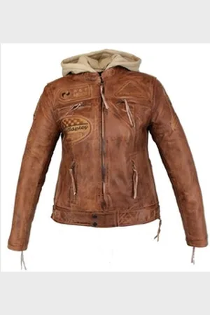 ALPHA Bikerjacke Damen Leder Jacke Biker Freizeit Highway Jacke König Braun aus weichem Lammleder, mit Protektoren & Kapuze 4XL
