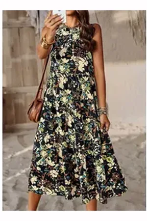 DEBAIJIA Dirndl Sommerkleid Damen Frauen Bedruckter Ärmellos Kleid Lässiger schwarz S