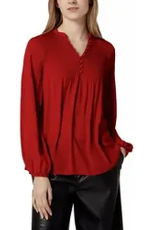 Ralph Lauren Lauren Blusentop Plisseebluse Lockere Passform - Stehkragen - Kurze Knopfleiste - Plisseefalten rot L