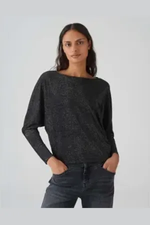 Opus Langarmshirt Shirt SIGLAM Batwing Fit aus schimmerndem Jersey schwarz 38