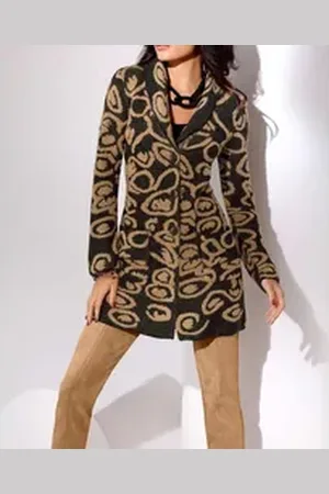 CRÉATION L Strickjacke CRÉATION L Damen Jacquard-Longcardigan, schwarz-camel-gemustert 48