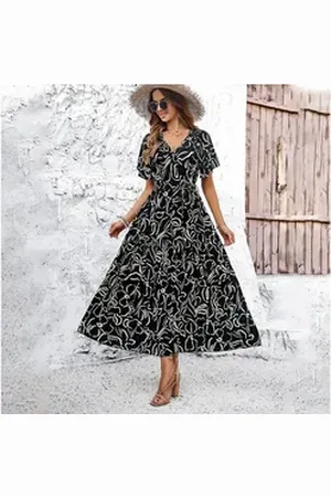 DEBAIJIA Dirndl Sommerkleid Damen Blumenmuster Kleid Elegant Freizeiturlaub schwarz M