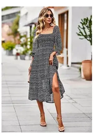 DEBAIJIA Dirndl Sommerkleid Damen Frauen Bedruckter Kleid 3/4 Hülse Lässiger schwarz XL