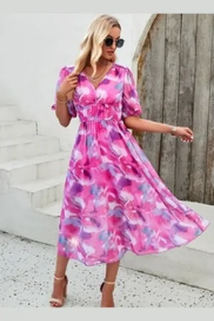 DEBAIJIA Dirndl Sommerkleid Damen Frauen Bedruckter Kleid lässiger Mode rosa|rot XL