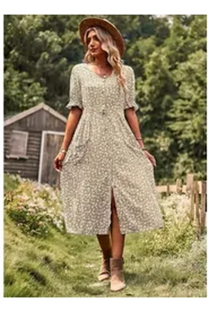 DEBAIJIA Dirndl Sommerkleid Damen Frauen Bedruckter Kleid lässiger Mode weiß L