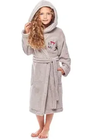 L -  L Bademantel Mädchen & Jugend Bademantel mit Kapuze LL0016, 3/4, Polyester, Kapuze grau 110-116