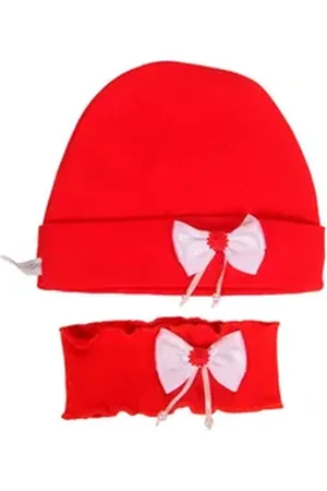 La Bortini Erstlingsmütze Mütze und Strinband Baby Set in Rot für Weihnachten elastisch, weich, mit Schleifchen, 50 56 62 68 74 80 86 rot 2-3Mon
