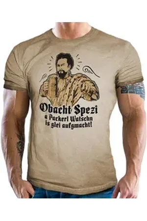 LOBO NEGRO Trachtenshirt im Vintage Retro Used Look - Für echte Bayern Fans: Obacht Spezi beige 4XL