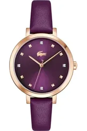 Lacoste Quarzuhr RIGA 2001399, Armbanduhr, Damenuhr, Lederarmband, analog, Glaskristalle lila