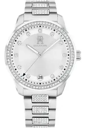 Tommy Hilfiger Quarzuhr TH85 CRYSTALS 1782757, Armbanduhr, Damenuhr, Edelstahlarmband, analog, Tag, Glassteine silberfarben