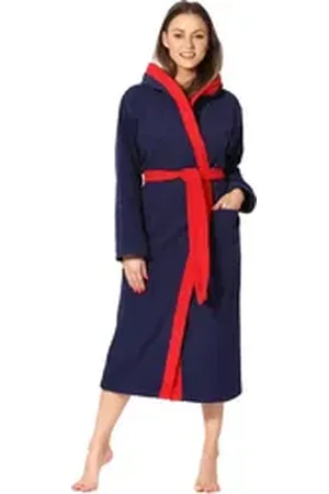 Ladeheid Bademantel Damen Frottee Bademantel aus 100% Baumwolle LA40-191, Langform, Baumwolle, Kapuze blau|rot XL