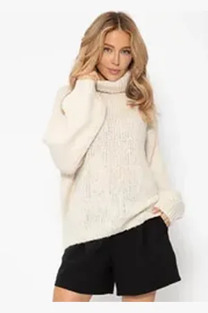 SASSYCLASSY Strickpullover Oversize Pullover Damen Winter mit Rollkragen Rollkragenpullover aus weichem Strick Elegant Schwarz Beige Rot Grau beige L/XL