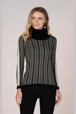 Passioni Rollkragenpullover mit geometrischen Streifen und Glitzerstreifen schwarz M