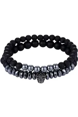 Karma Armband Set Schwarz Glas Metall Herren Perlenarmband modern Herrenarmband (Geschenk für Ihn, 2-tlg., Schmuckset Totenkopf), Dehnbar Herrenschmuckset Skull