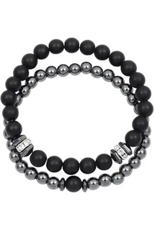Karma Perlenarmband Set Armband Schwarz Silber Metall Herren modern (Geschenk füf ihn), Herrenarmband Armbandset Dehnbar schwarz|silberfarben