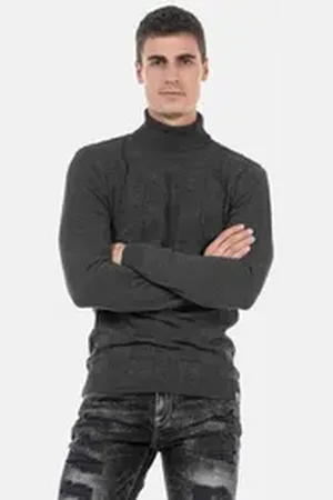Cipo & Baxx Rollkragenpullover Pullover mit kariertem Strickmuster, CP241 grau S