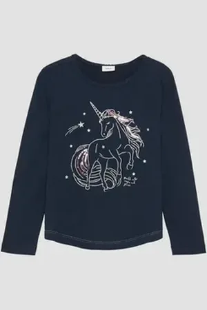 QS by s.Oliver Langarmshirt Longsleeve mit Glitter-Print und Pailletten Ziernaht blau 92/98