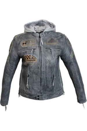 ALPHA Bikerjacke Damen Leder Jacke Biker Freizeit Highway Jacke Grau aus weichem Lammleder, mit Protektoren & Kapuze 4XL