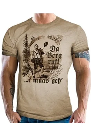 LOBO NEGRO Trachtenshirt für Bayern Trachten Fans Washed Vintage Retro Used Look - Da Berg ruft beige M