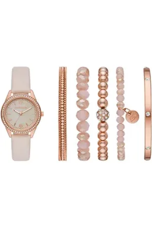 Skechers Quarzuhr SR9064, (Set, 6-tlg., mit 5 Schmuckarmbändern), Armbanduhr, Damenuhr, Ideal auch als Geschenk, analog, Glassteine rosa